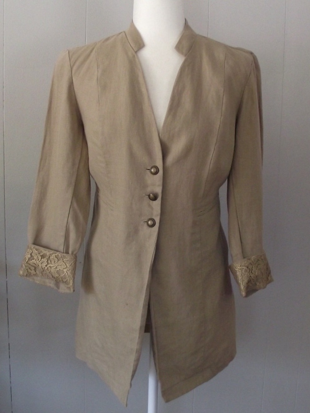 Chico's Beige Longline Blazer with Lace Cuffs